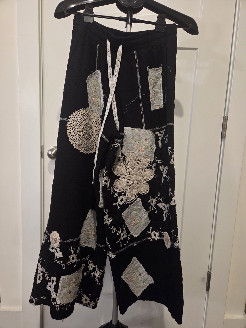 99.  Wonens POL Black Embroidered Patchwork Wide-Leg Pants